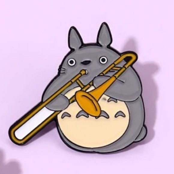 Totoro Trombone Enamel Pin Cute Japanese Bunny Cartoon Musical Instrument Brooch - Picture 3 of 7